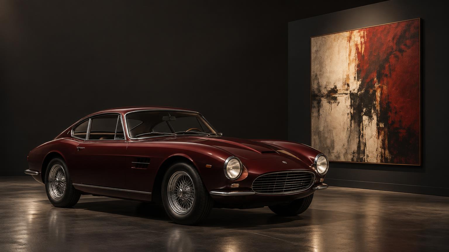 An unbranded classic grand tourer displayed beside a work of art in a private gallery.