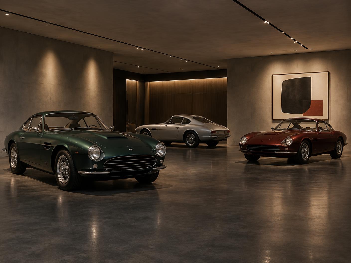 A discreet private gallery containing three unbranded collector cars and a work of art.